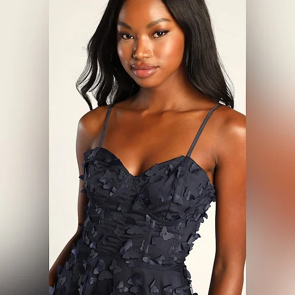 Lulus Navy Blue Butterfly Spaghetti Straps Lace Up Midi Dress **Size M** 🦋🦋 - Picture 4 of 10